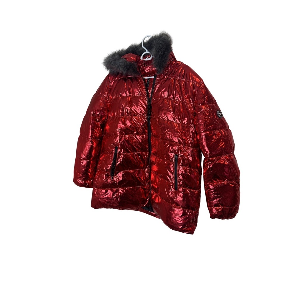 White Mark Puffer Coat Womens 1XL Red Metallic Hooded Faux Fur Trim‎ Jacket